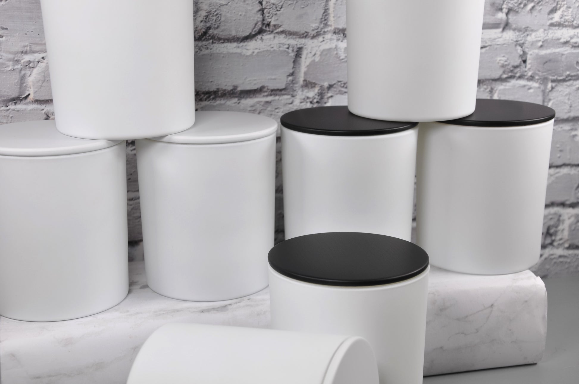 10oz oz matte white straight sided empty candle glass with black and white flat top metal lid by 3 Scents Candles, NY
