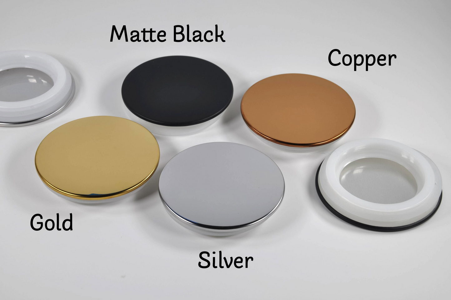 black, gold, silver, white and copper 3" flat top metal lids for glasses with a 3 inch diameter opening