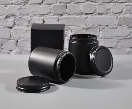 9-oz-mason-jar-matte-black-lid-candles-lotions-wholesale-jars-lids-bulk-jars-lids-wholesale-bulk-glass-vessels-containers-holders-3-scents-candles-miller-place-NY - matte black jars - spice jars - storage jars