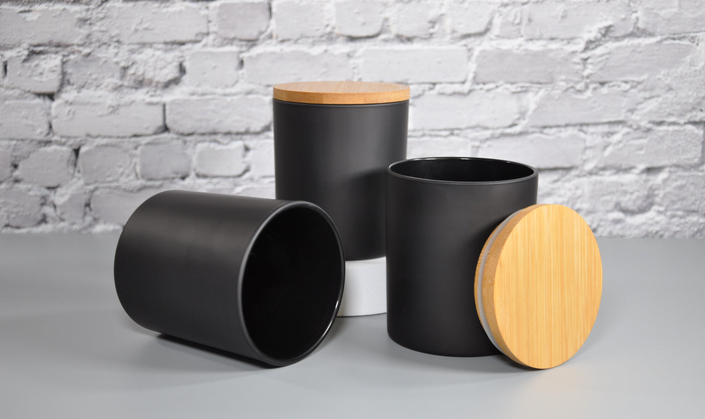 matte black 10oz empty candle glass tumbler jar with bamboo lids and flat top metal lids in black, gold, silver, white and copper by 3 Scents Candles NY bulk wholesale candle jars with lids