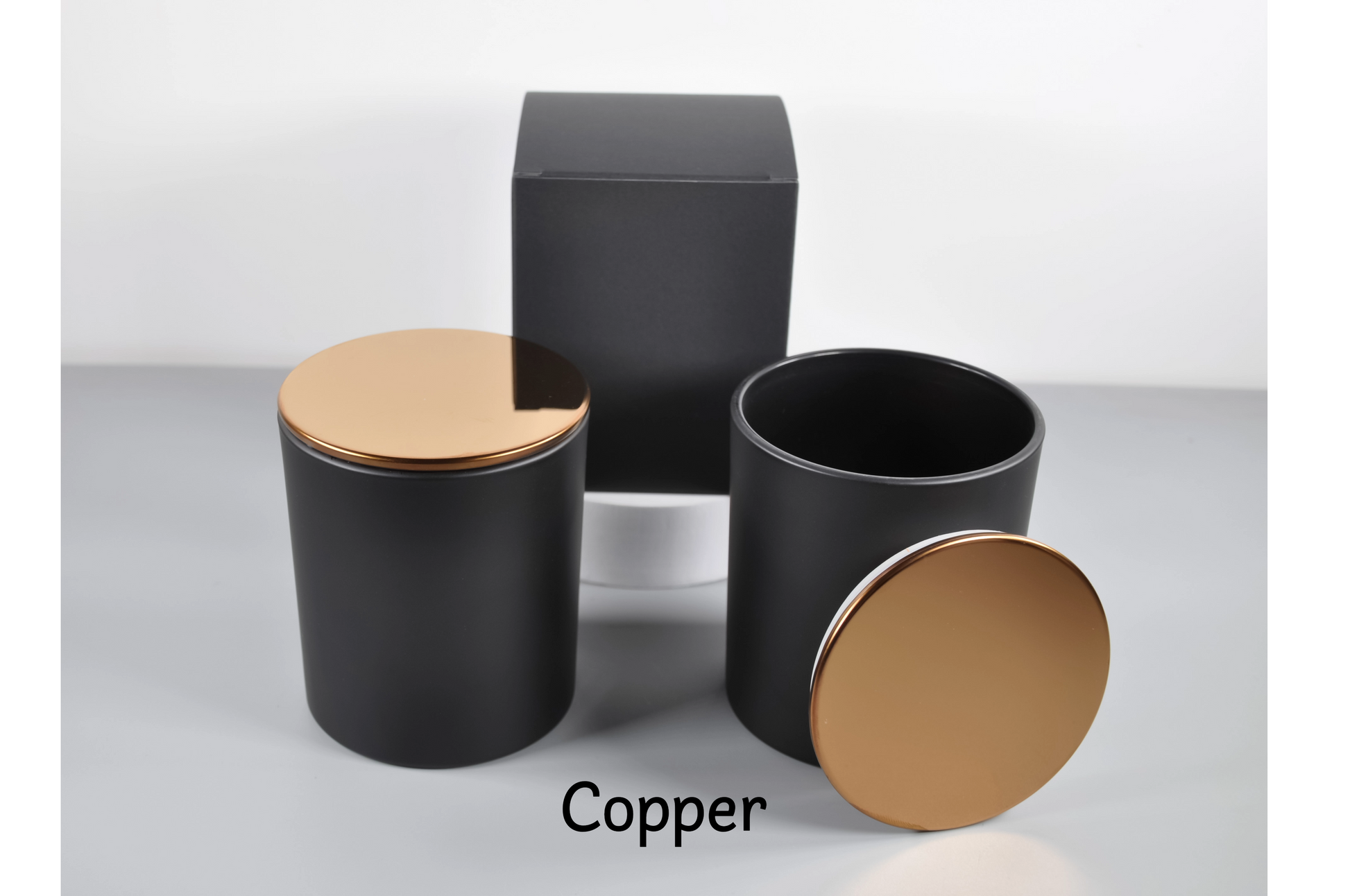 matte black 10oz empty candle glass tumbler jar with bamboo lids and flat top metal lids in black, gold, silver, white and copper by 3 Scents Candles NY bulk wholesale candle jars with lids