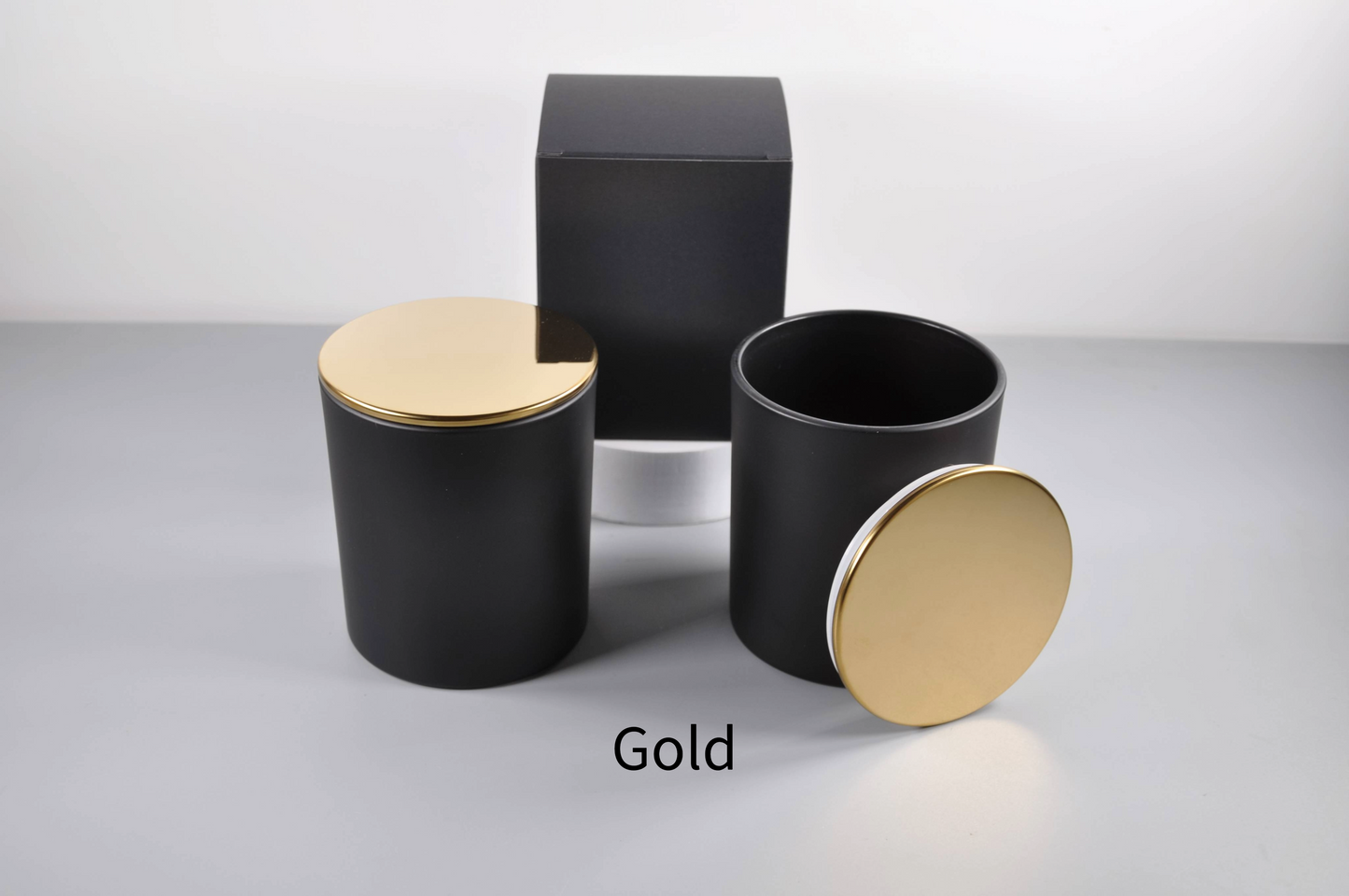 matte black 10oz empty candle glass tumbler jar with bamboo lids and flat top metal lids in black, gold, silver, white and copper by 3 Scents Candles NY bulk wholesale candle jars with lids