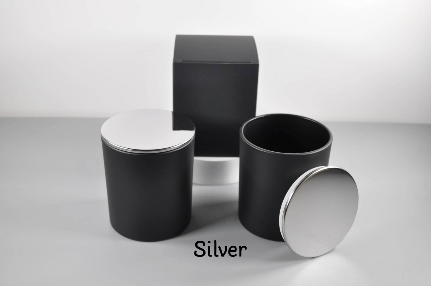 matte black 10oz empty candle glass tumbler jar with bamboo lids and flat top metal lids in black, gold, silver, white and copper by 3 Scents Candles NY bulk wholesale candle jars with lids