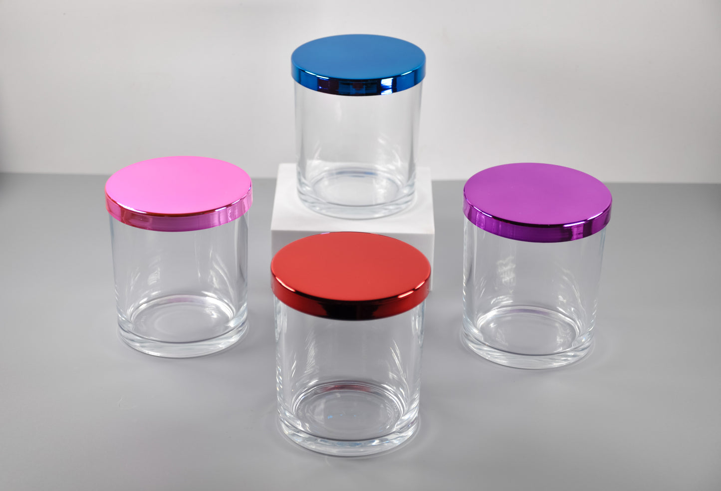 10oz clear straight sided candle glass with electroplated slip cover lid in pink red blue and purple