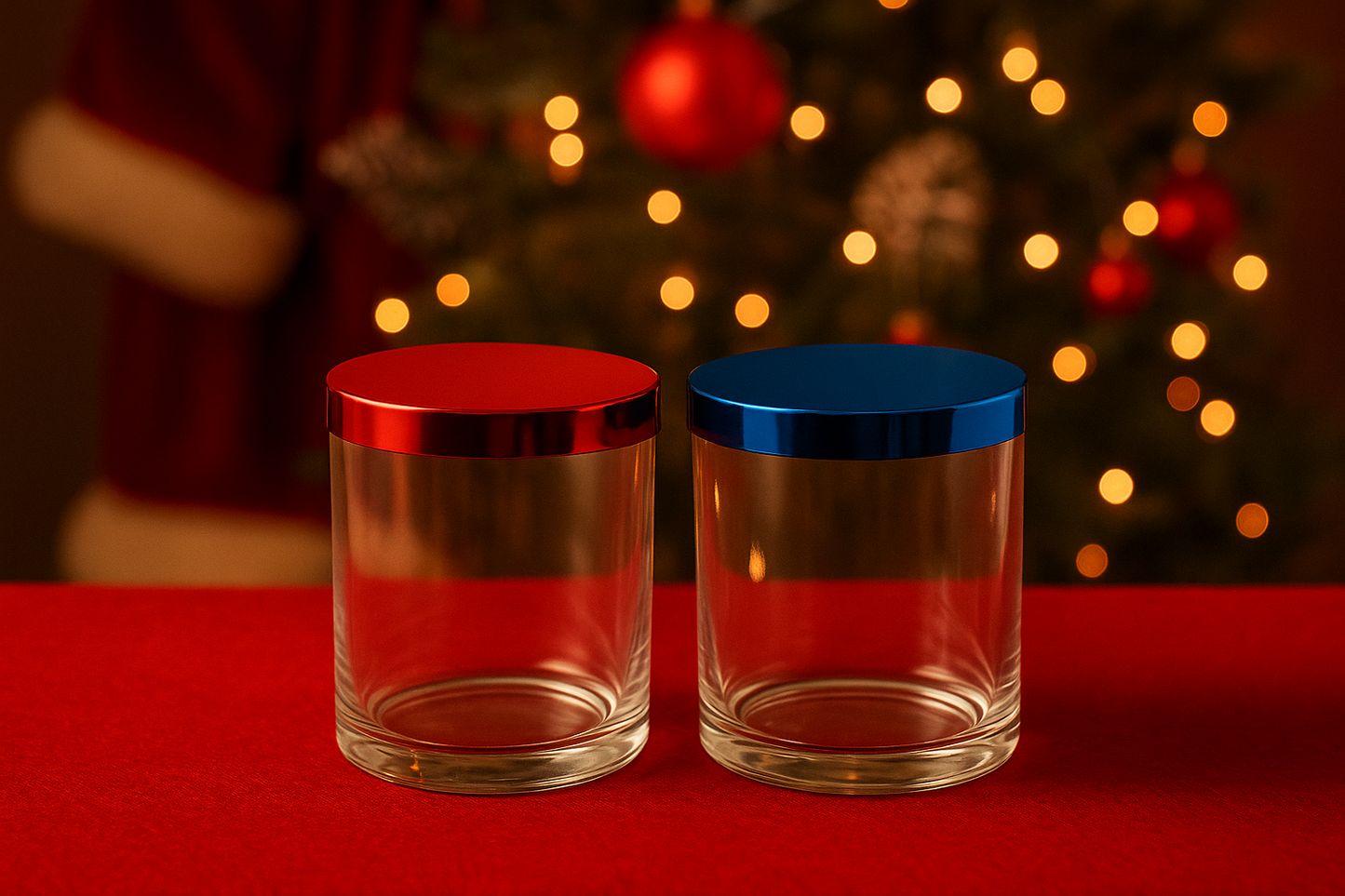 Holiday ready empty candle vessels. 10oz clear straight sided candle glass with electroplated slip cover lid in red and blue with Holiday tree and santa suit in the background