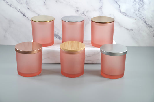 10oz-pink-peach-salmon-empty-frosted-candle-glasses-bamboo-lids-gold-silver-rose-gold-metal-lids-3-scents-candles-NY-Miller-Place-bulk-wholesale-candle-jars-lids