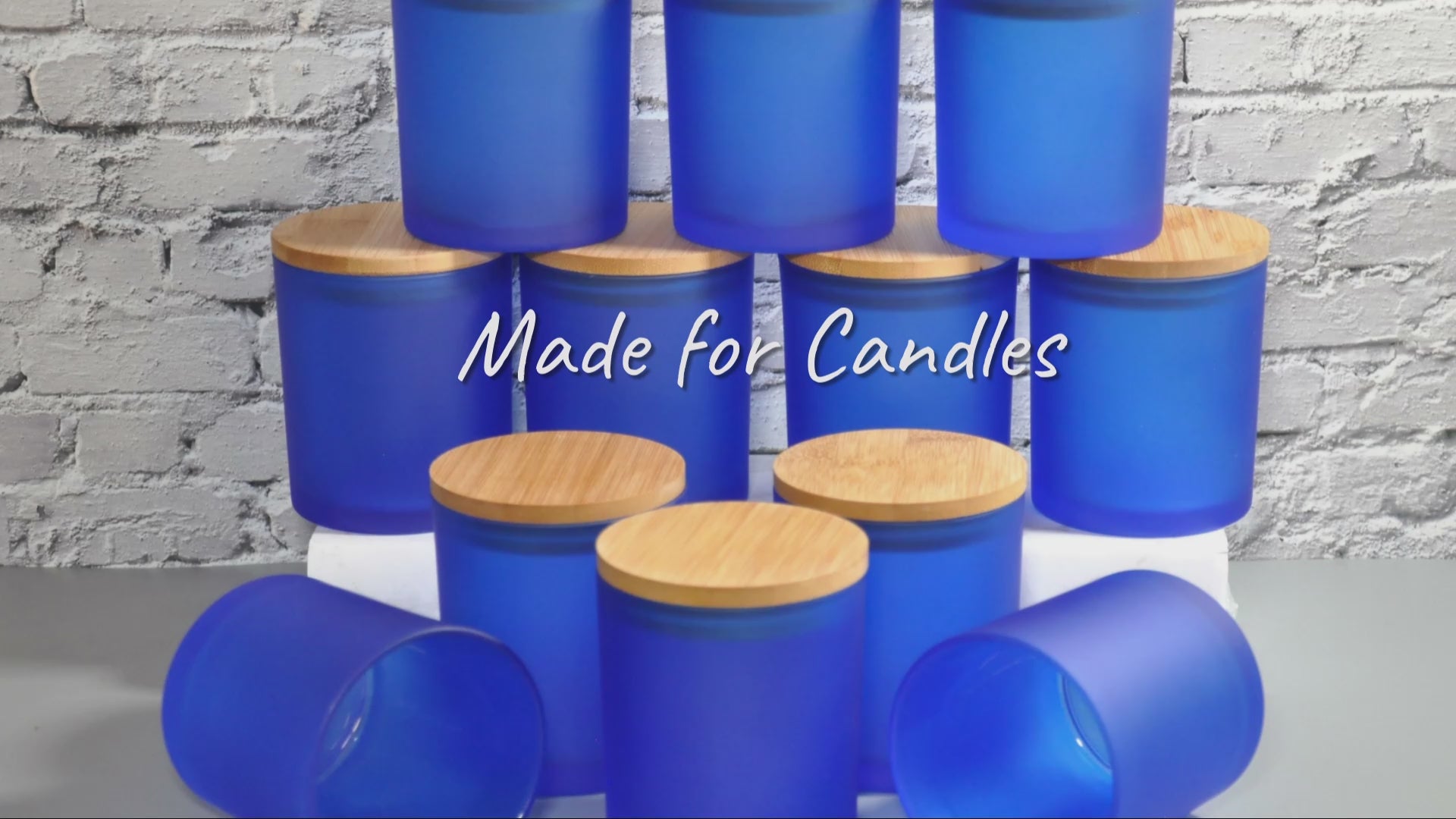 video_sapphire_blue_candle_jar_bamboo_lid_flat_metal_lid_3_scents_candles_NY_10oz_frosted_glass_candle_supplies_miller_place_bulk_wholesale_jars_lids